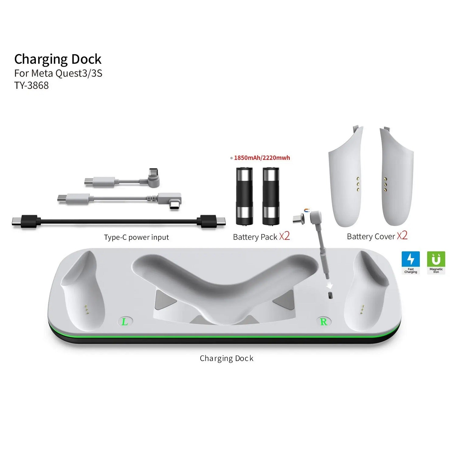 Dobe Brand Wireless Charger Compatible for Quest 2, Quest 3 / 3S Bundled with 2 Nos. 1850 mAH Rechargeable Batteries for Controllers with charging Indicators