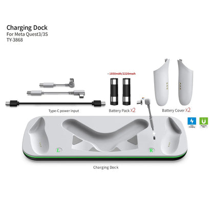 Dobe Brand Wireless Charger Compatible for Quest 2, Quest 3 / 3S Bundled with 2 Nos. 1850 mAH Rechargeable Batteries for Controllers with charging Indicators