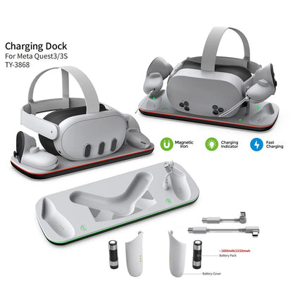 Dobe Brand Wireless Charger Compatible for Quest 2, Quest 3 / 3S Bundled with 2 Nos. 1850 mAH Rechargeable Batteries for Controllers with charging Indicators